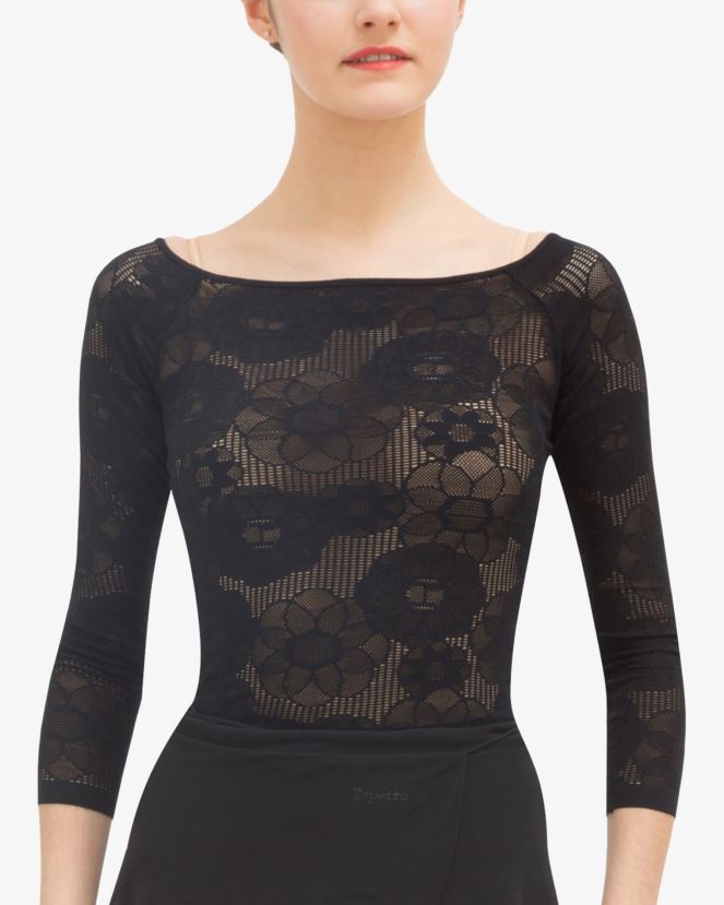 Women Repetto Black Long Sleeves Top In Rosette Lace Clothing XDH8H0555