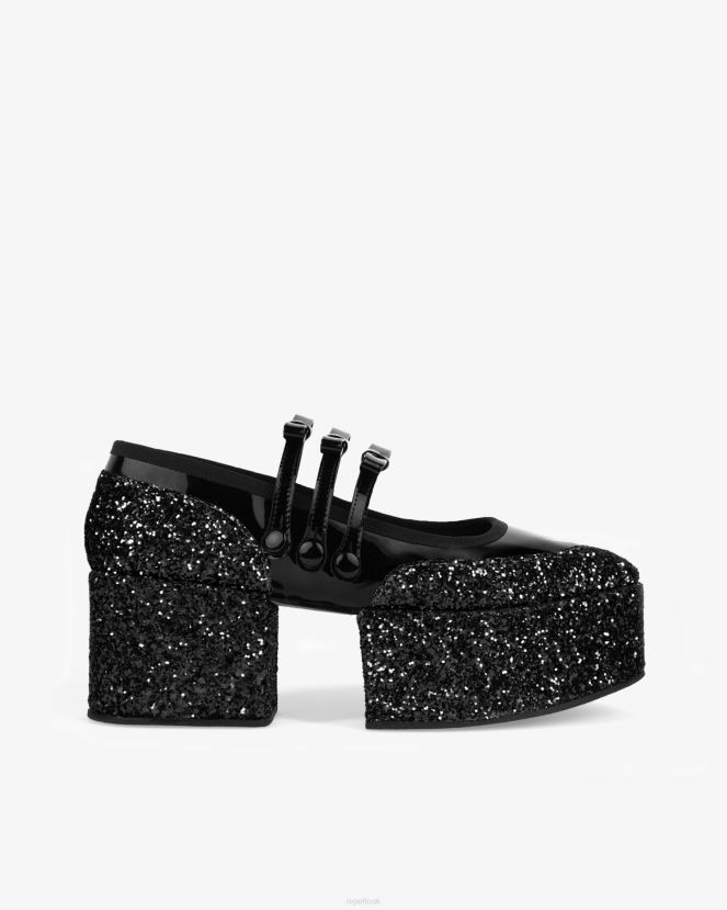 Women Repetto Black X Noir Kei Ninomiya - Glitter Platform Mary Janes Footwear XDH8H0160