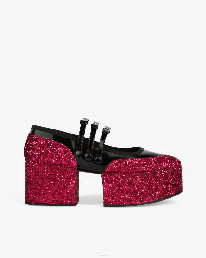 Women Repetto Fuchsia Pink And Black X Noir Kei Ninomiya - Glitter Platform Mary Janes Footwear XDH8H0159